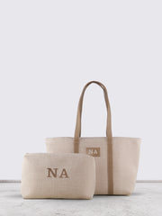 Book Canvas Tote Bag with small Pouch Biege embroidery