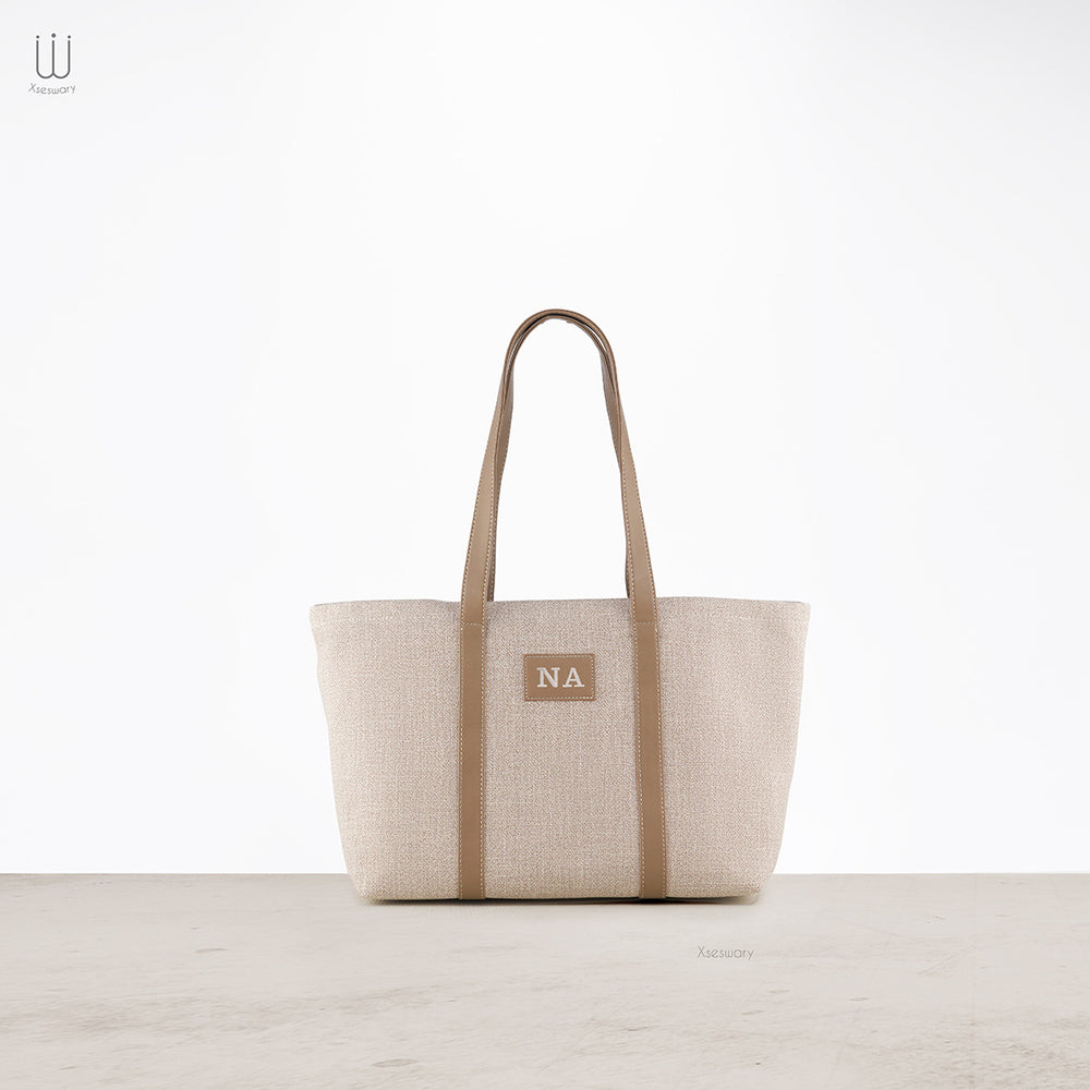 Book Canvas Tote Bag with small Pouch Biege embroidery - XSESWARY