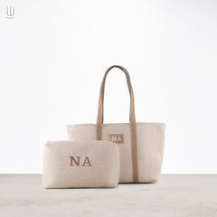 Book Canvas Tote Bag with small Pouch Biege embroidery - XSESWARY