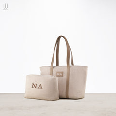 Book Canvas Tote Bag with small Pouch Biege embroidery - XSESWARY