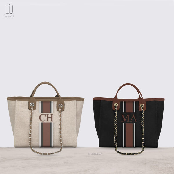 Canvas Tote Bag Brown Strip